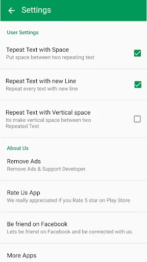 Text Repeater Settings screen showing text formatting options including spacing, line breaks, vertical spacing, and additional features