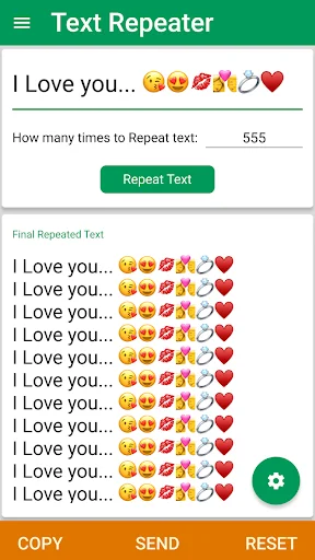 Text Repeater with 555 repeat count generating 'I Love you' text with emojis for instant bulk messaging and text duplication