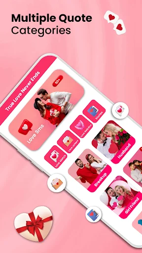 Quote categories menu with love, flirt, dare, and romantic message collections