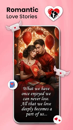 Romantic love story interface with couple image and emotional love message text