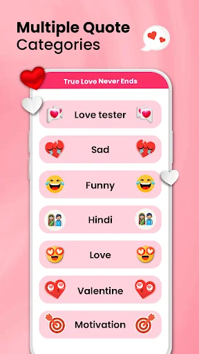 Quote categories including love tester, funny, Hindi, Valentine, and motivation options