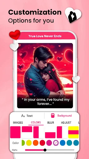 Photo editor with text, background color, blur, and adjustment customization tools