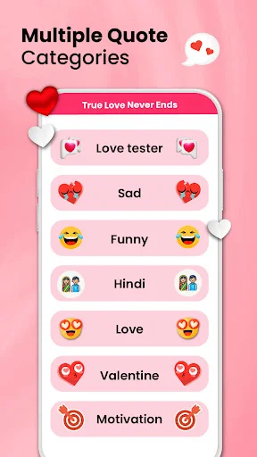 Quote categories including love tester, funny, Hindi, Valentine, and motivation options