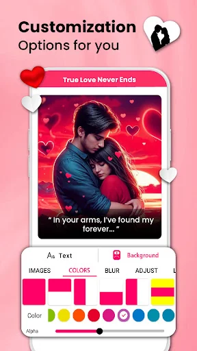 Photo editor with text, background color, blur, and adjustment customization tools