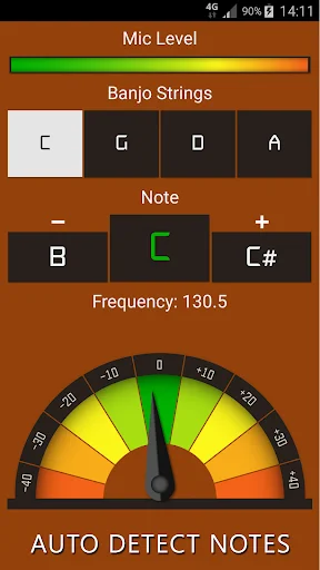 Banjo tuner auto-detect feature showing C string at 130.5 Hz with visual accuracy meter gauge