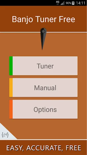 Banjo Tuner Free app main menu with Tuner, Manual, and Options buttons for simple accurate tuning