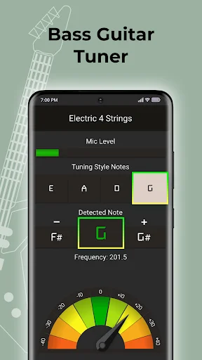 Bass tuner interface displaying Electric 4 Strings mode, detected note F#, frequency 201.5 Hz, and chromatic tuning gauge