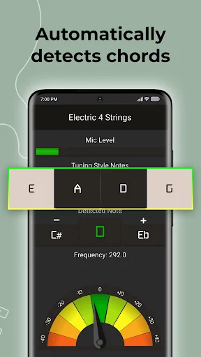 Bass tuner chord detection showing automatic note recognition with Tuning Style Notes for C# and Eb, frequency 292.0 Hz