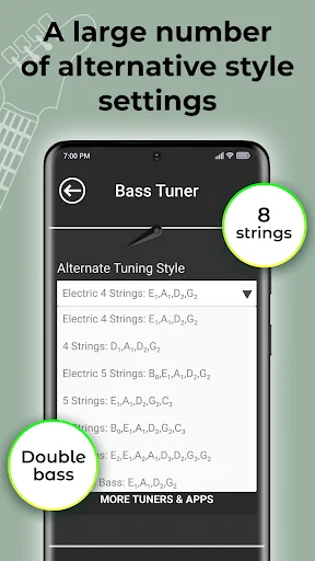 Bass Tuner tuning style dropdown showing 8 string options including Electric 4 Strings, 5 Strings, and Double Bass variants