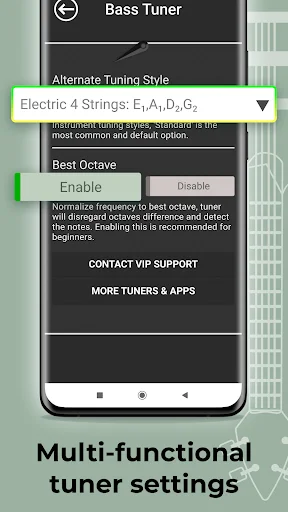Bass Tuner settings screen with alternate tuning styles, Electric 4 Strings selected, and Rest Octave normalization option