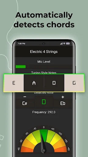 Bass tuner chord detection showing automatic note recognition with Tuning Style Notes for C# and Eb, frequency 292.0 Hz