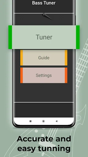 Bass Tuner main menu with Tuner, Guide, and Settings navigation tabs for easy access to tuning and app features