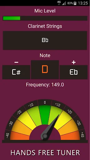 Clarinet tuner showing Bb note selection, 149.0 Hz frequency, and visual gauge meter for hands-free tuning accuracy
