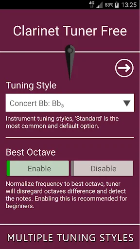 Clarinet tuner settings page with Concert Bb tuning style option and Best Octave normalization for multiple styles