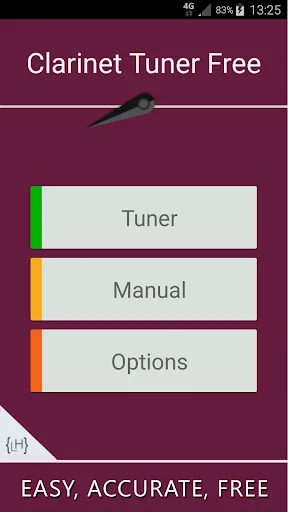 Clarinet Tuner Free app main menu displaying Tuner, Manual, and Options navigation for easy and accurate tuning
