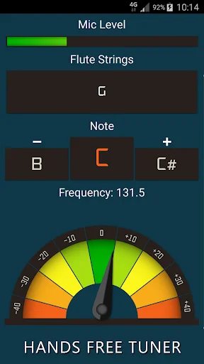 Flute Tuner hands-free interface with mic level indicator, detected note B at frequency 131.5 Hz, and colorful tuning gauge display
