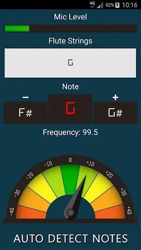 Flute Tuner auto-detect mode showing detected note G at 99.5 Hz with microphone level and visual tuning gauge feedback