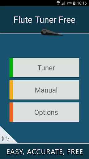 Flute Tuner Free main menu with Tuner, Manual, and Options navigation buttons for easy app feature access