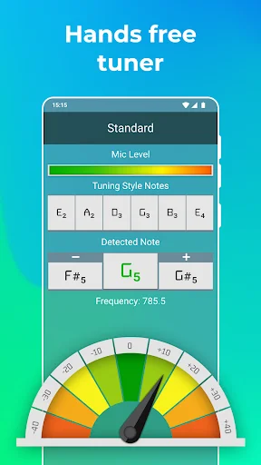 Guitar Tuner app with Standard tuning, mic level control, detected note F♯♯, frequency 785.5 Hz, and tuning gauge