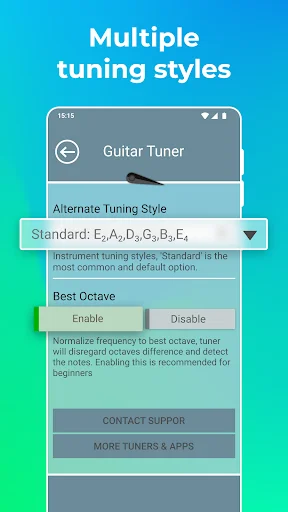 Guitar Tuner settings with Alternate Tuning Style dropdown showing Standard option and Best Octave normalization feature