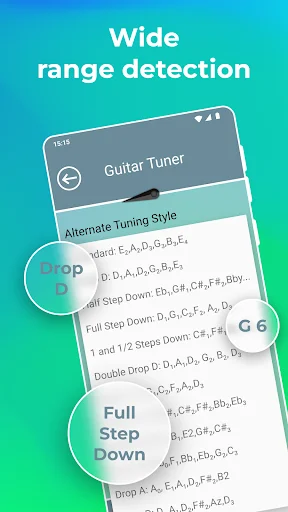 Guitar Tuner menu showing alternative tuning styles including Drop, Full Step Down, Half Step Down, and other variations