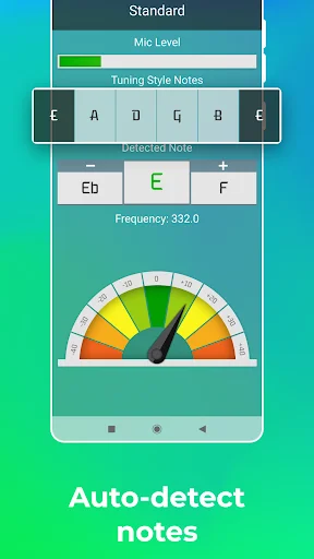 Guitar Tuner detecting note E at 332.0 Hz with auto-detect, color-coded gauge, and frequency display for accurate tuning
