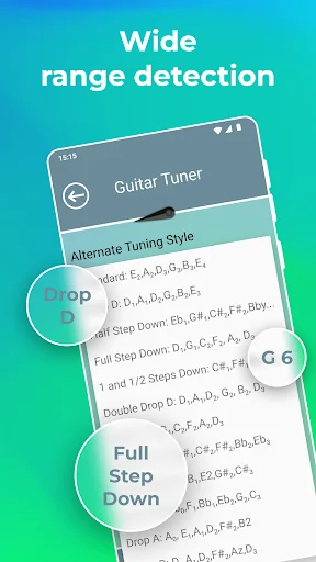 Guitar Tuner menu showing alternative tuning styles including Drop, Full Step Down, Half Step Down, and other variations