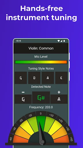 Hands-free violin tuner with automatic note detection, frequency display at 203.0 Hz, and color-coded gauge showing real-time tuning accuracy