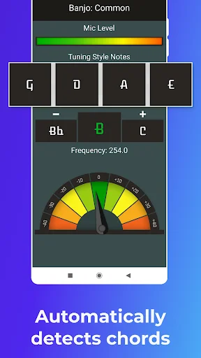 Banjo tuner interface displaying automatic chord detection with B♭ in tune at 254.0 Hz and visual tuning gauge for accurate string adjustment