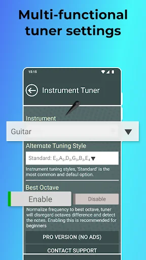 Instrument tuner settings menu with Guitar selected, Alternate Tuning Style options including Standard tuning, and Best Octave detection toggle