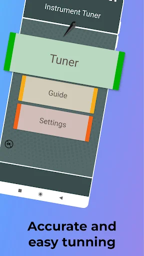 Instrument tuner main navigation interface featuring Tuner, Guide, and Settings tabs for accurate and easy music instrument tuning