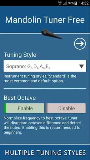 Mandolin tuner settings with tuning style selector, best octave toggle, and multiple instrument tuning style options.