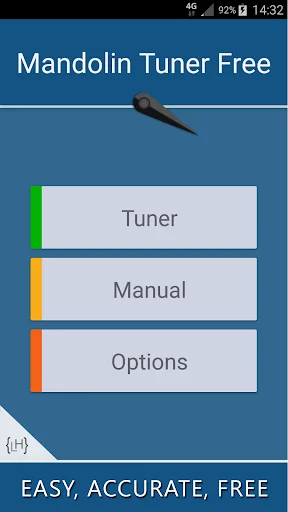 Mandolin tuner main menu with Tuner, Manual, and Options modes for simple navigation and accurate pitch tuning control.