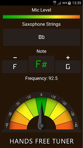 Saxophone Tuner main interface with Bb note detection at 92.5 Hz showing hands-free tuning gauge indicator
