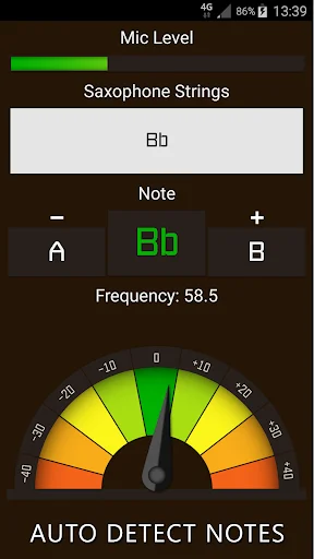 Saxophone Tuner auto-detect mode displaying Bb note recognition at 58.5 Hz with frequency tuning