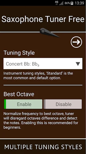 Saxophone Tuner settings screen showing Concert Bb tuning style and Best Octave normalization options