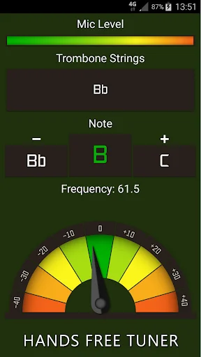 Trombone tuner displaying real-time note detection at 61.5 Hz with visual frequency gauge and hands-free tuning mode