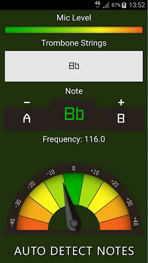 Auto-detect trombone tuner showing Bb note at 116.0 Hz with visual frequency gauge for accurate pitch tuning