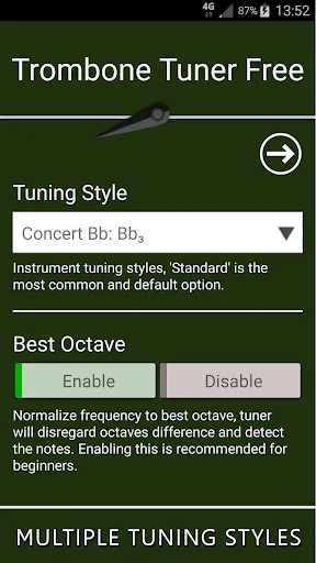 Trombone tuner settings screen with tuning style options, concert Bb selection, and best octave feature toggle