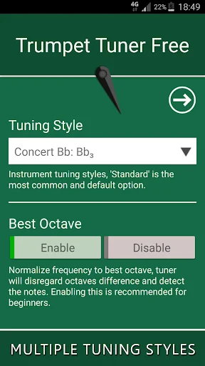 Trumpet tuner settings menu with concert pitch tuning style selector and best octave normalization option
