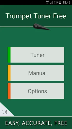 Trumpet tuner free app home screen showing Tuner, Manual, and Options navigation buttons