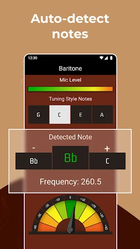 Auto-detect ukulele tuner showing baritone tuning with detected Bb note at 260.5 Hz frequency and visual needle gauge meter