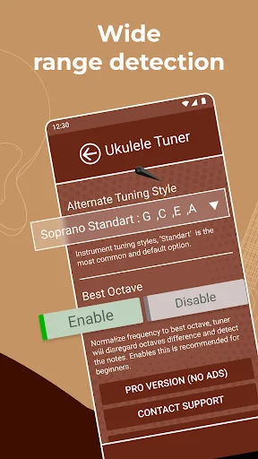 Ukulele tuner settings showing alternate tuning style selection, best octave range detection toggle, and pro version features