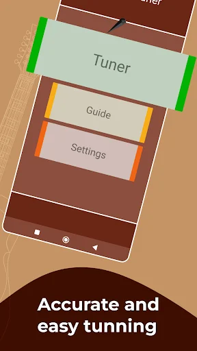 Ukulele tuner app main menu navigation with tuner, guide, and settings tabs for accurate and easy instrument tuning