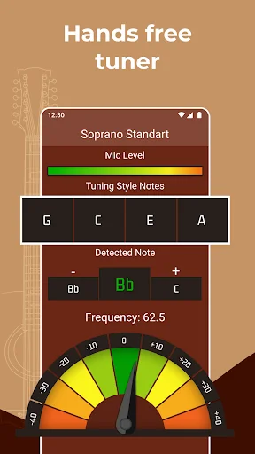 Hands-free ukulele tuner interface displaying soprano standard tuning G C E A notes, frequency gauge at 62.5 Hz, and real-time note detection