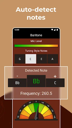 Auto-detect ukulele tuner showing baritone tuning with detected Bb note at 260.5 Hz frequency and visual needle gauge meter