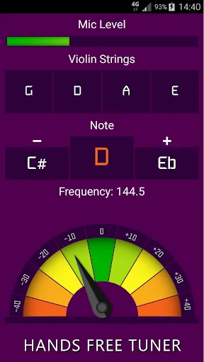 Hands-free violin tuner interface displaying mic level indicator, violin string selection buttons (G, D, A, E), note detection showing C# at 144.5 Hz frequency, and color-coded tuning gauge for precise pitch accuracy