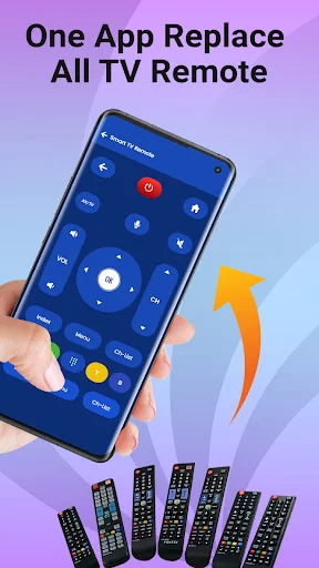 Smartphone held in hand showing blue universal remote control interface that replaces all TV remotes, displayed above multiple traditional remote controls