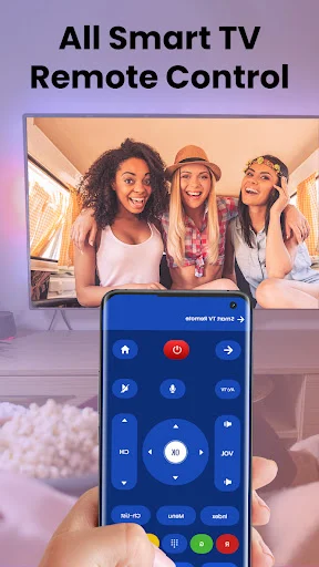 Smart TV remote control interface on phone being used to control television displaying three happy people, demonstrating all-in-one remote functionality