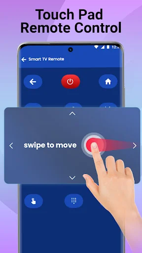 Smartphone showing touch pad remote control interface with hands demonstrating swipe gesture navigation for intuitive TV control